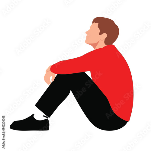 A person sits with their knees bent and looks up thoughtfully against a white background.