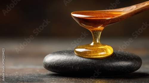 Golden Honey Dripping From Spoon Onto Dark Stone