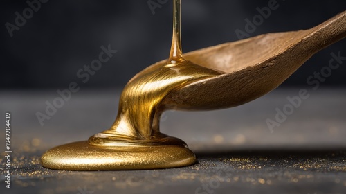 Golden honey flowing from a rustic wooden scoop, a viscous liquid pour