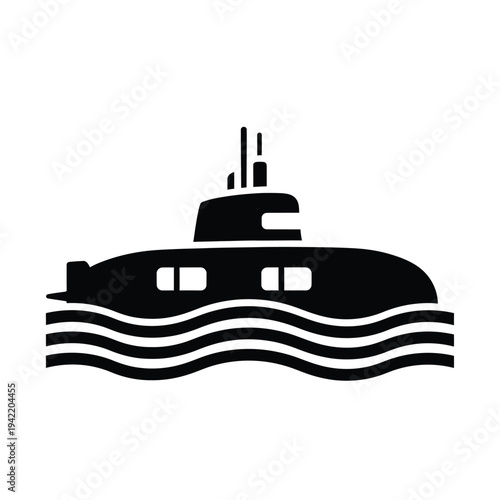 A black silhouette of a submarine floats on wavy water.