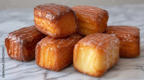 Golden Honey Glazed Pastries Stacked on Marble Surface