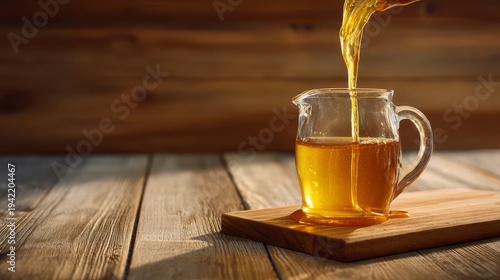 Golden honey pouring from rustic jug onto wooden table
