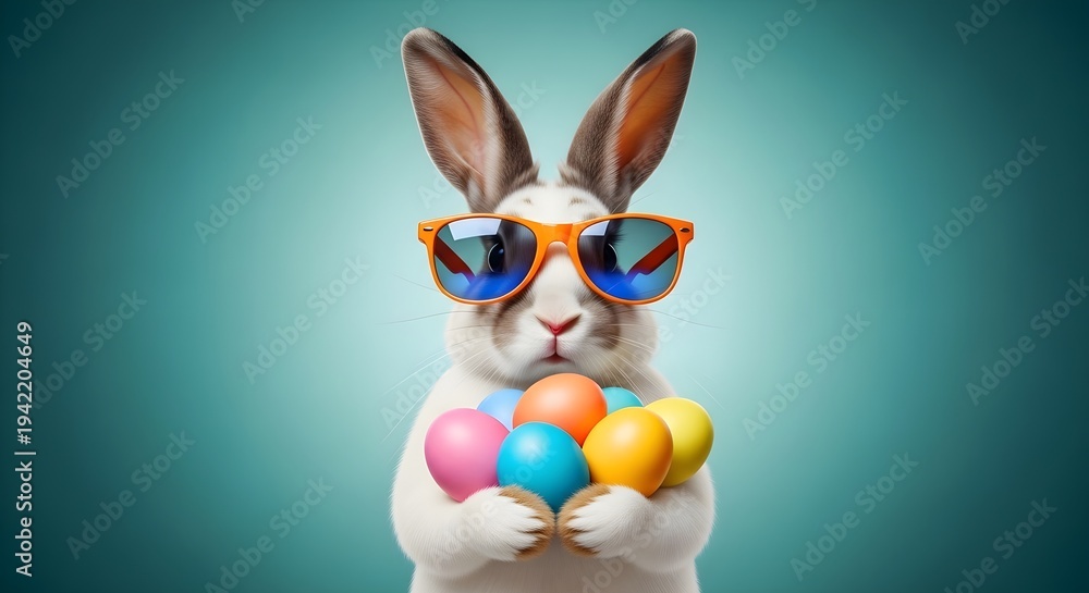 Fototapeta premium Easter bunny wearing sunglasses holding colorful eggs