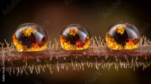 Three Amber Waterdrops Reflected on a Textured Plant Branch