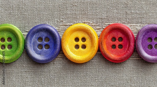 Three Colorful Buttons Arranged on Textured Fabric