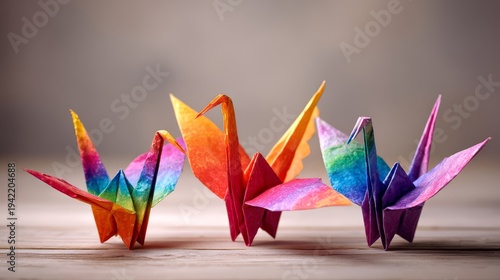 Vibrant Rainbow Origami Cranes Folded Art Display