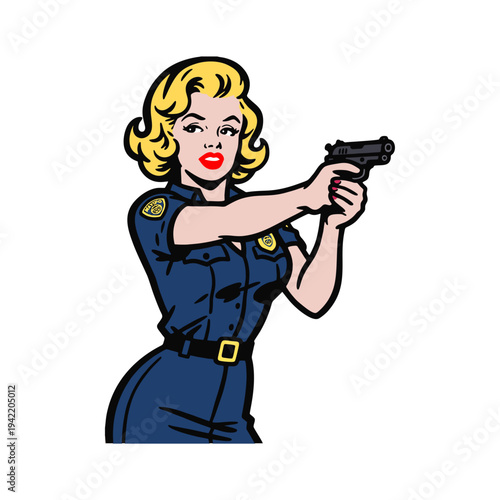 simple stencil vector illustration pinup girl wearing police uniform hold a  gun