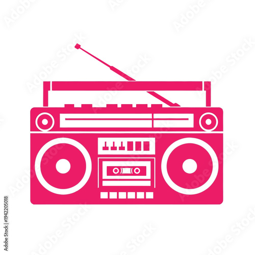 A pink boombox with a cassette tape deck and antenna is depicted against a white background.