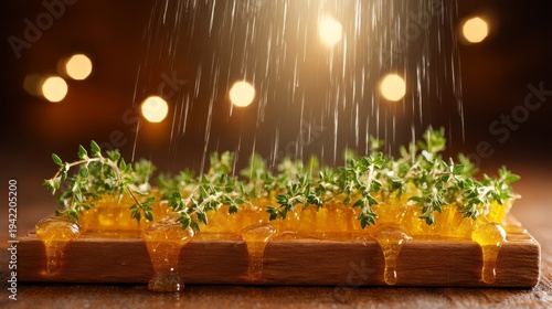 Golden Honey Dripping Onto Fresh Green Herbs in Warm Light