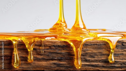 Golden Honey Dripping Onto Textured Wood Surface