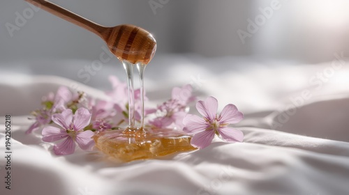 Golden Honey Drizzling Onto Delicate Pink Flowers