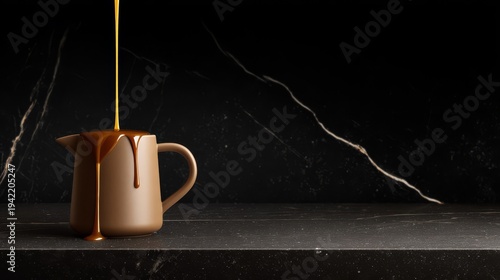 Golden honey pouring into a brown ceramic mug on dark marble