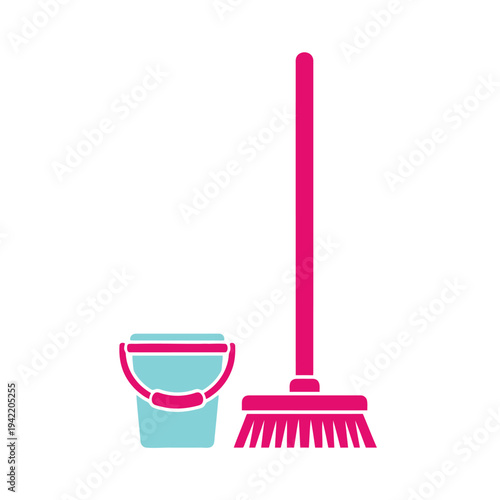 A pink broom and a light blue bucket are ready for cleaning tasks.