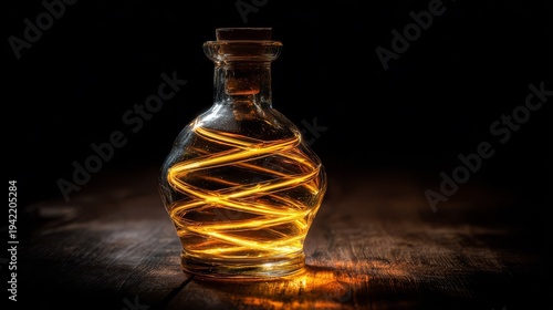 Golden honey swirling in a glass bottle with warm light