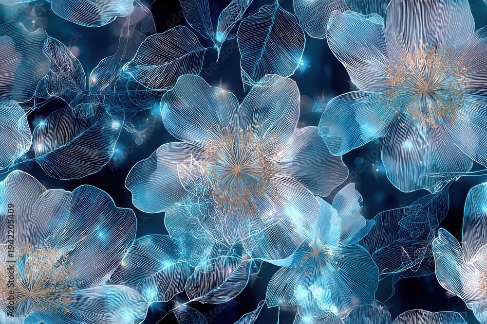 Obraz premium Elegant, chic, vintage seamless repeatable pattern featuring blooming translucent icy white flowers with blue undertones