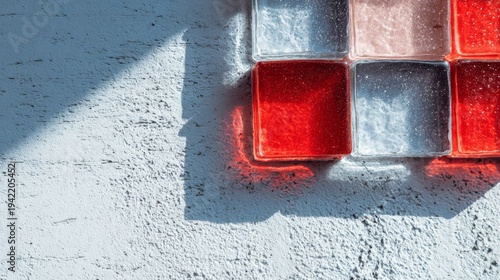 Single Red Glass Block Casting Shadow on Textured Wall