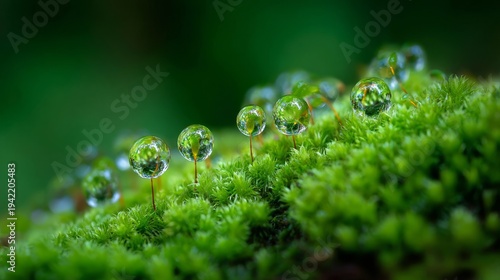 Tiny Dewdrops on Lush Green Moss Surface Macro