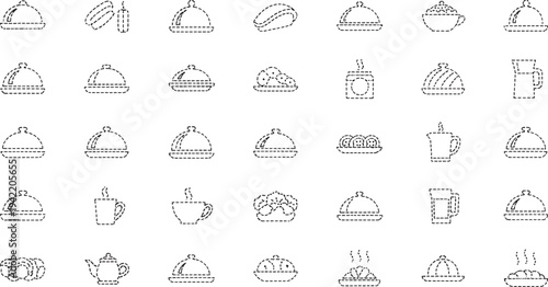 Black and white line of various food and drink and containers line food plates