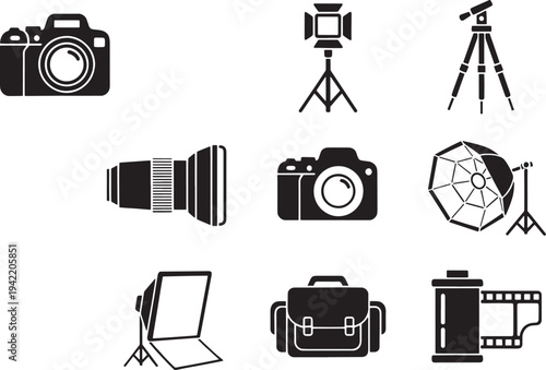 Black and white of equipment and accessories camera lens tripod