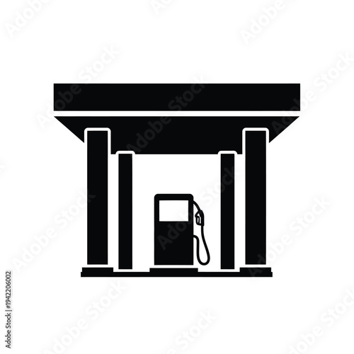 A black silhouette of a gas station canopy with a pump underneath.