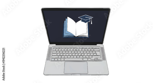 Laptop with graduation cap and book on screen symbolizing online education