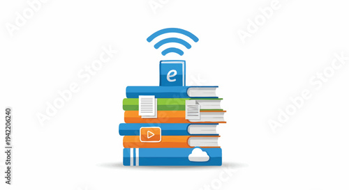 Stack of books with e-reader and Wi-Fi signal on top