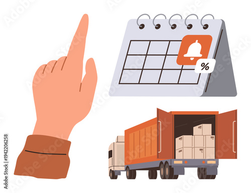 Logistics, delivery planning, supply chain, shipment tracking, scheduling, business operations. Hand points at calendar with a reminder icon. Logistics and shipment tracking concept