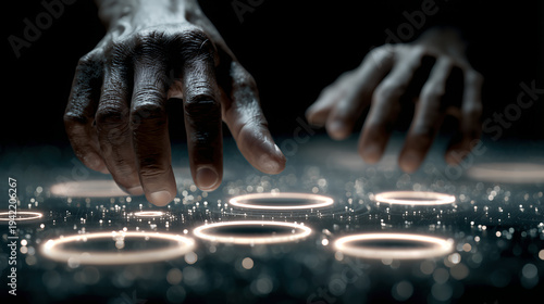 Hands interacting with floating data rings, futuristic technology in a cinematic macro shot