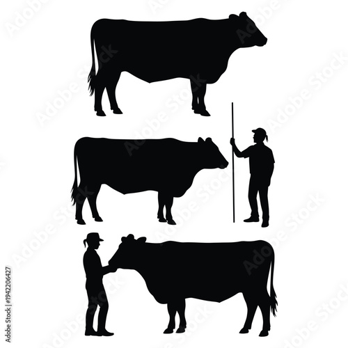 Silhouette depictions of cows and farmers in a rural setting