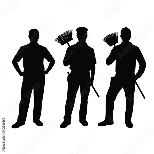 Silhouettes of three chimney sweeps with brushes and scrapers