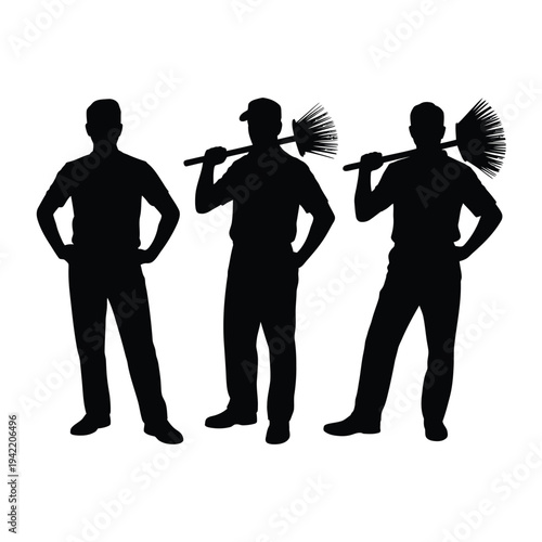 Three silhouettes of men with rakes depicting outdoor labor work