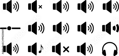 Set of volume icons. Black volume sound icons