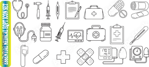 Vector illustration of a business web icon set featuring office tools and kitchen utensils with signs for computer, money, and document design