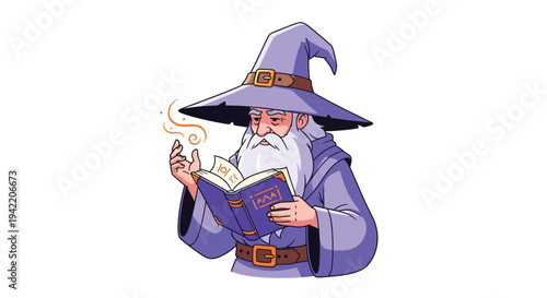 An old wizard with a long white beard reads a spellbook while casting magic.