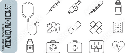 This hand-drawn set of medical icons features a vintage doodle sketch design with vector symbols for web, business, and computer art