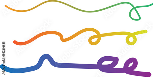 The image features three abstract, curved lines arranged vertically against a clean white background, creating a striking visual contrast. Each line is characterized by a vibrant gradient, which