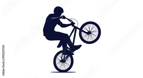 A silhouette of a person performing a wheelie on a bicycle against a white background.