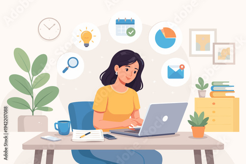 Young Woman Working on Laptop at Home Office Desk with Productivity Icons, Flat Vector Illustration of Freelancer Managing Tasks, Time Management, Business Strategy and Creative Workflow