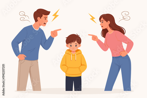 Sad Little Boy Caught in the Middle of Conflicting Parents Arguing and Pointing Fingers, Flat Vector Illustration of Family Conflict, Domestic Dispute, Divorce Impact, and Childhood Emotional Stress