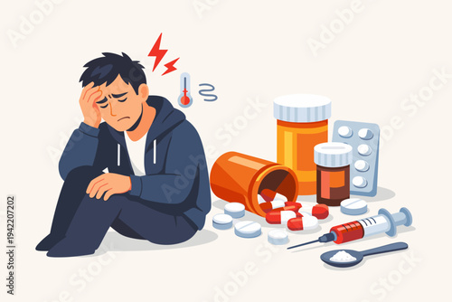 Sick Man Suffering from Painkiller Addiction and Substance Abuse Vector Illustration, Depicting Opioid Crisis with Pills, Syringe, and Medicine Bottles, Concept of Mental Health and Drug Misuse