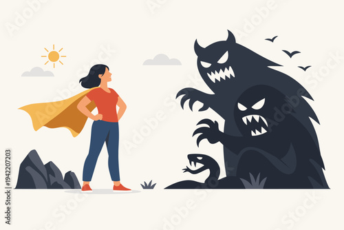 Brave Woman with Superhero Cape Confronting Her Fears and Dark Shadow Monsters, Concept of Empowerment, Courage, and Mental Health, Flat Vector Illustration of Overcoming Anxiety and Obstacles