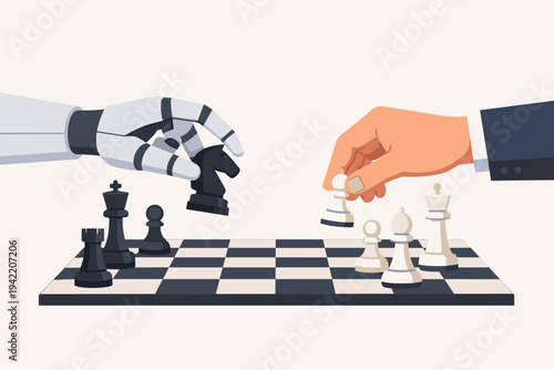 Robot and Human Hands Playing Chess Game on a Board, Artificial Intelligence vs Human Intelligence Concept, Strategy, Competition, and Future Technology Flat Vector Illustration for Business