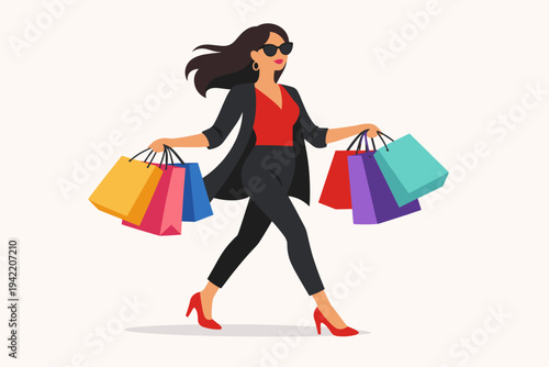Stylish woman walking with many colorful shopping bags in a flat vector illustration. Fashionable female shopper wearing sunglasses, red top, black blazer, and red heels. Concept for retail sales.