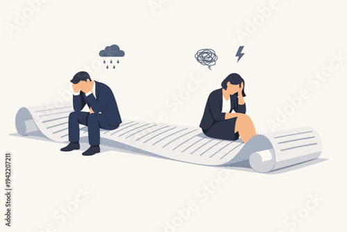 Sad businessman and businesswoman sitting on a very long contract document feeling desperate and overwhelmed, flat vector illustration of professional burnout, legal stress, and work pressure.