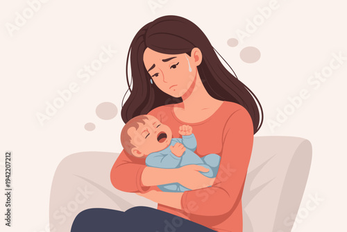 Sad Mother Holding Crying Infant Representing Postpartum Depression and Maternal Mental Health Struggles, Exhausted Woman with Newborn Baby in Flat Vector Style, Parenting Stress and Anxiety