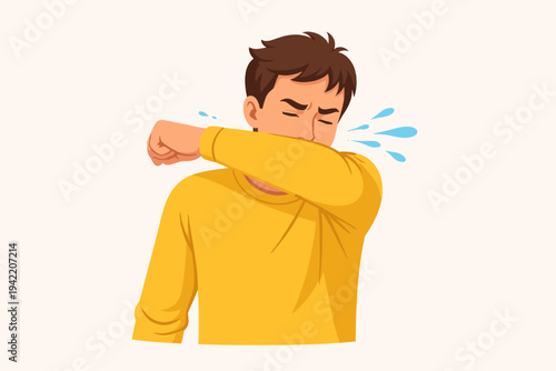 Vector illustration of a young man in a yellow sweater sneezing or coughing into his elbow to prevent the spread of germs. Simple flat design showing proper hygiene etiquette for cold and flu.