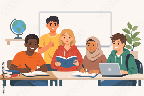 Diverse International Group of Students Studying Together in Classroom with Books, Laptop, and Globe. Multi-ethnic Teenagers Learning in School. Flat Vector Illustration for Education Concept.