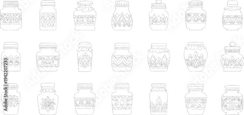 Collection of intricately patterned jars and containers in a line style line patterns decorative