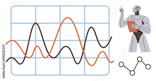 Data science, artificial intelligence, machine learning, trend analysis, technology research, futuristic concepts. Robot examining line graphs on a grid. Data science and artificial intelligence