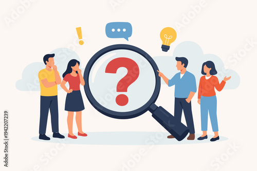 Business team brainstorming and searching for answers with a large magnifying glass and question mark, flat vector illustration of problem solving, research, curiosity, and creative thinking.
